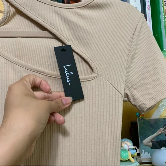 NWT Lulus Slice of Life Beige Ribbed Asymmetrical Cutout Mini Dress Size Small - Picture 4 of 8